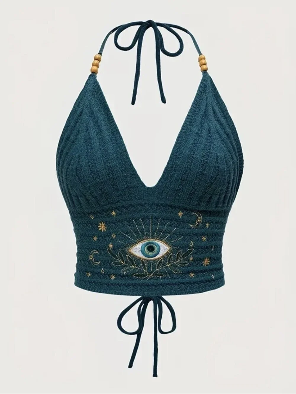 Boutique Evil Eye Crochet Halter Top | Boho Festival Teal Multiple Sizes